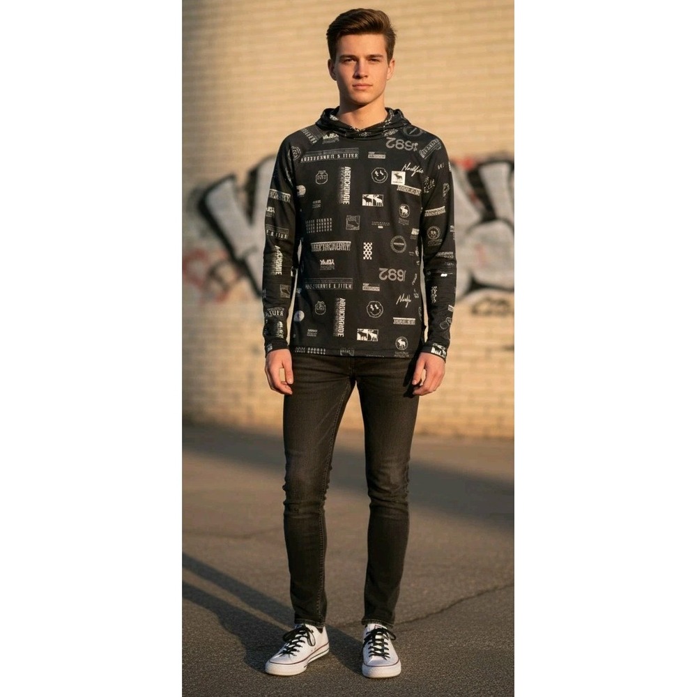 Abercrombie Kids Active Hoodie Black Graphic Print Performance Shirt Size 11/12